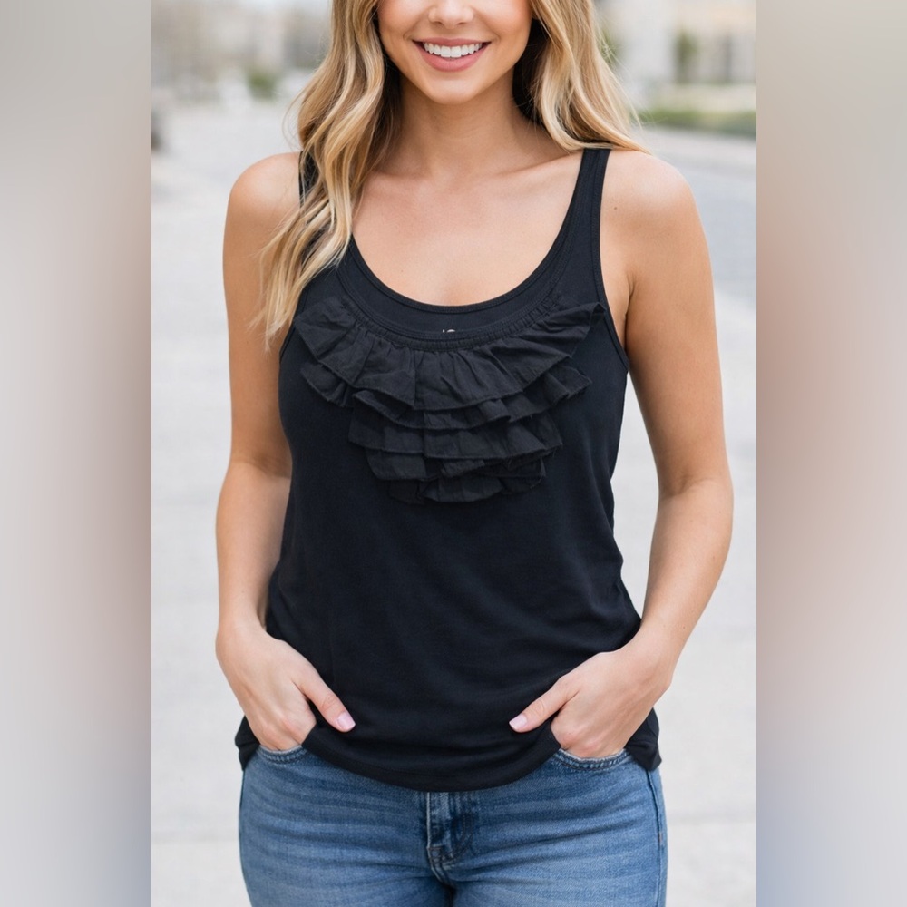 Joe Fresh Black Ruffle Front Tank Top | Medium | 100% Cotton